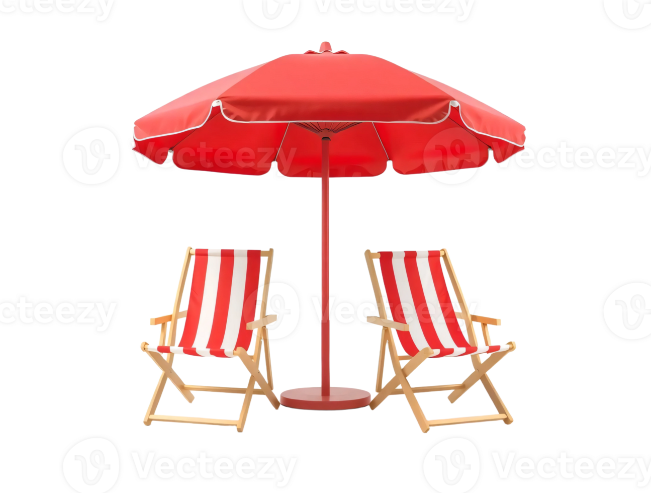 Two red and white beach chairs under an umbrella png