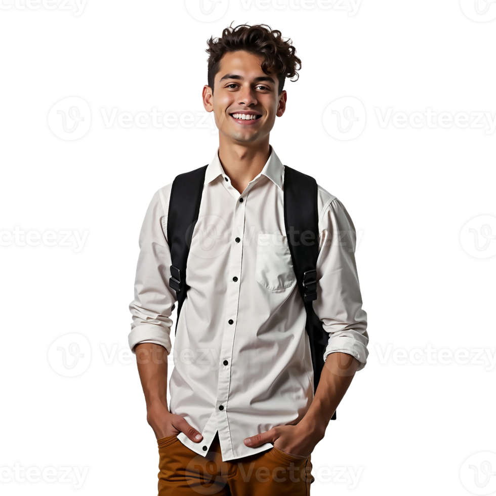 A young man in a white shirt and brown pants png