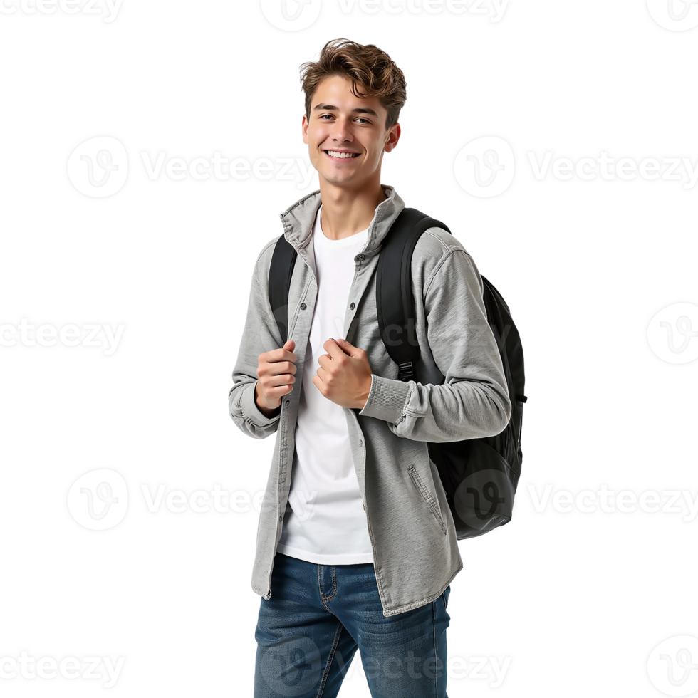 A young man in a grey shirt and jeans png