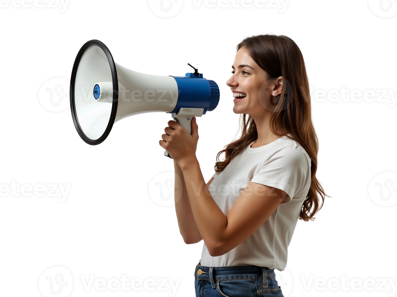 A woman is holding a megaphone and shouting into it png