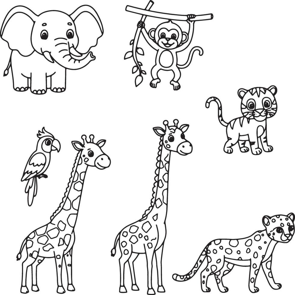 Adorable Black and White African Safari Animals Coloring Page Elephant, Monkey, Tiger, Giraffe, Parrot, Cheetah Illustration vector