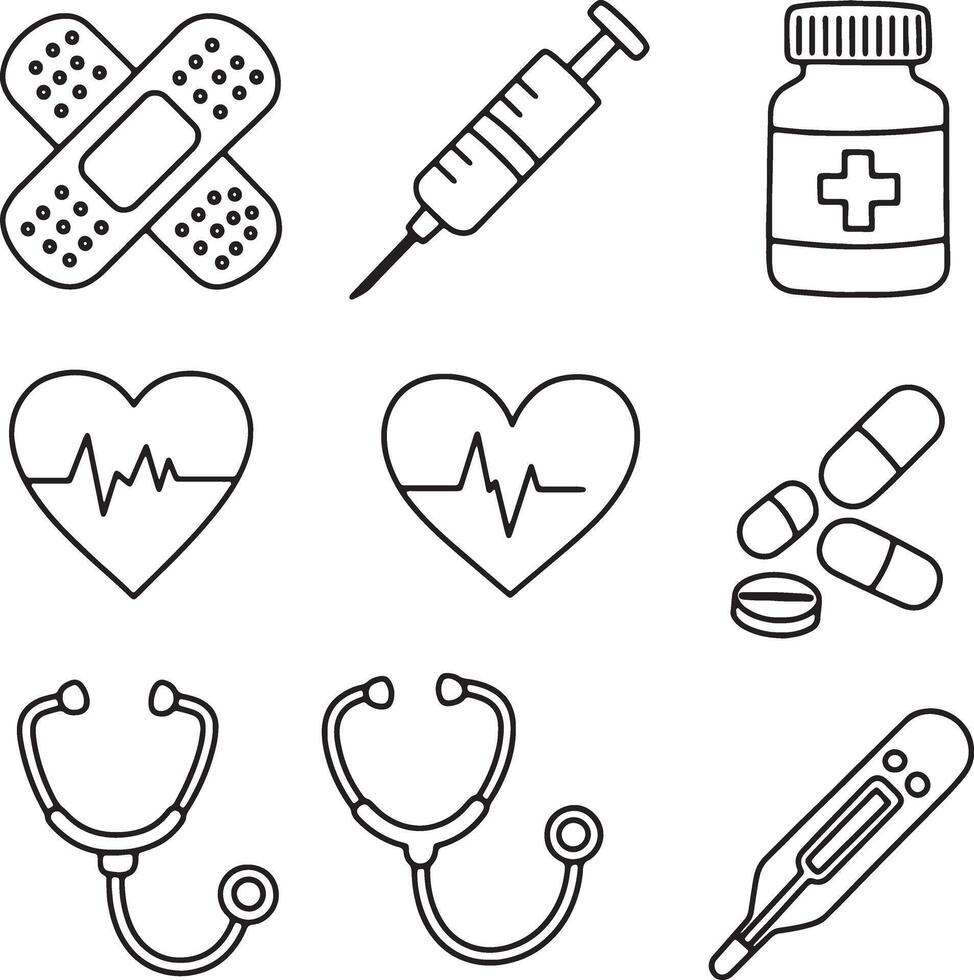 Collection of Simple Line Medical Icons Bandage, Syringe, Pills, Heartbeat, Stethoscope, and Thermometer, Clean White Background vector