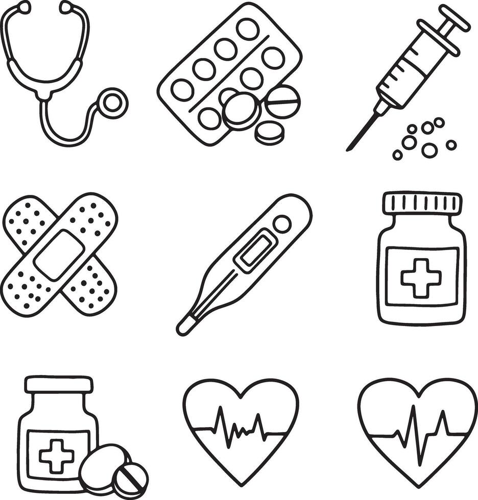 Cheerful Hand-Drawn Medical Icons Stethoscope, Pills, Syringe, Bandage, Thermometer, Medicine Bottle, and Heartbeat, Set for Healthcare Design vector