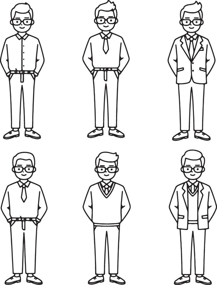 Six Stylish Men in Various Attires Casual, Formal, and Smart Casual Outfits Illustrated in Line Art vector