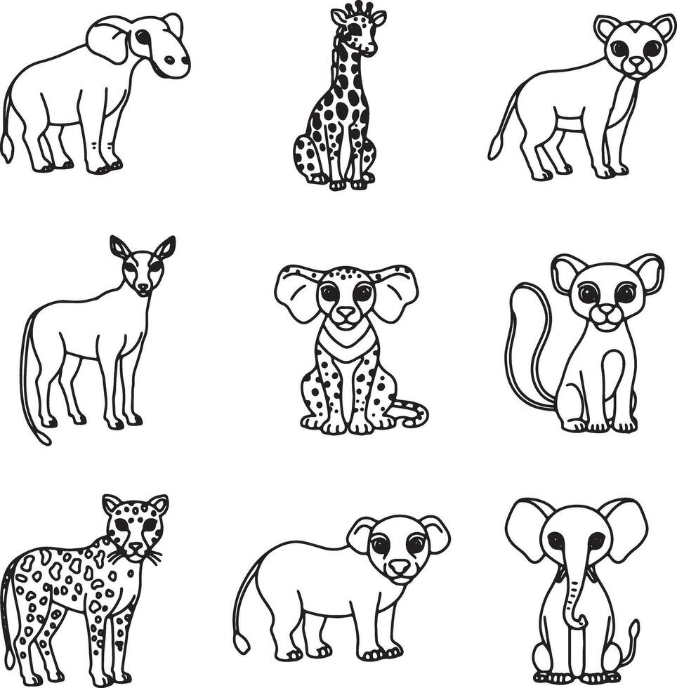 Adorable African Safari Animals Line Art Illustrations of Cute Wildlife in a Serene Setting - Professional digital artwork with vibrant colors and detailed composition vector