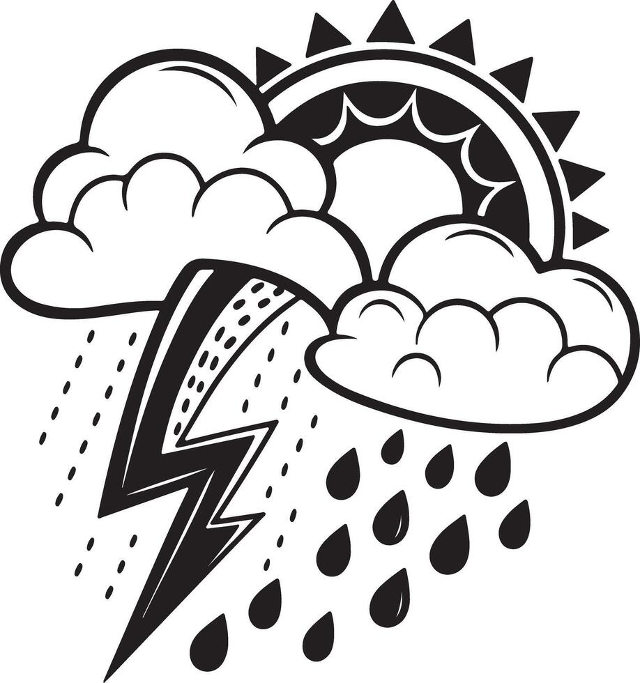 Dramatic Black and White Illustration of a Stormy Sun, Clouds, Lightning, and Rain, Evoking a Moody and Intense Atmosphere vector