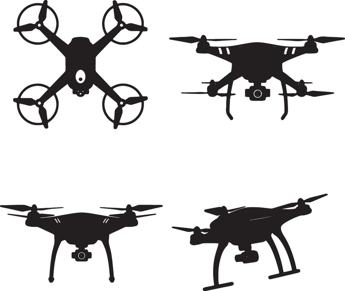 Four Stylish Black Silhouettes of Drones in Flight, Isolated on White Background Aerial Photography Mood vector