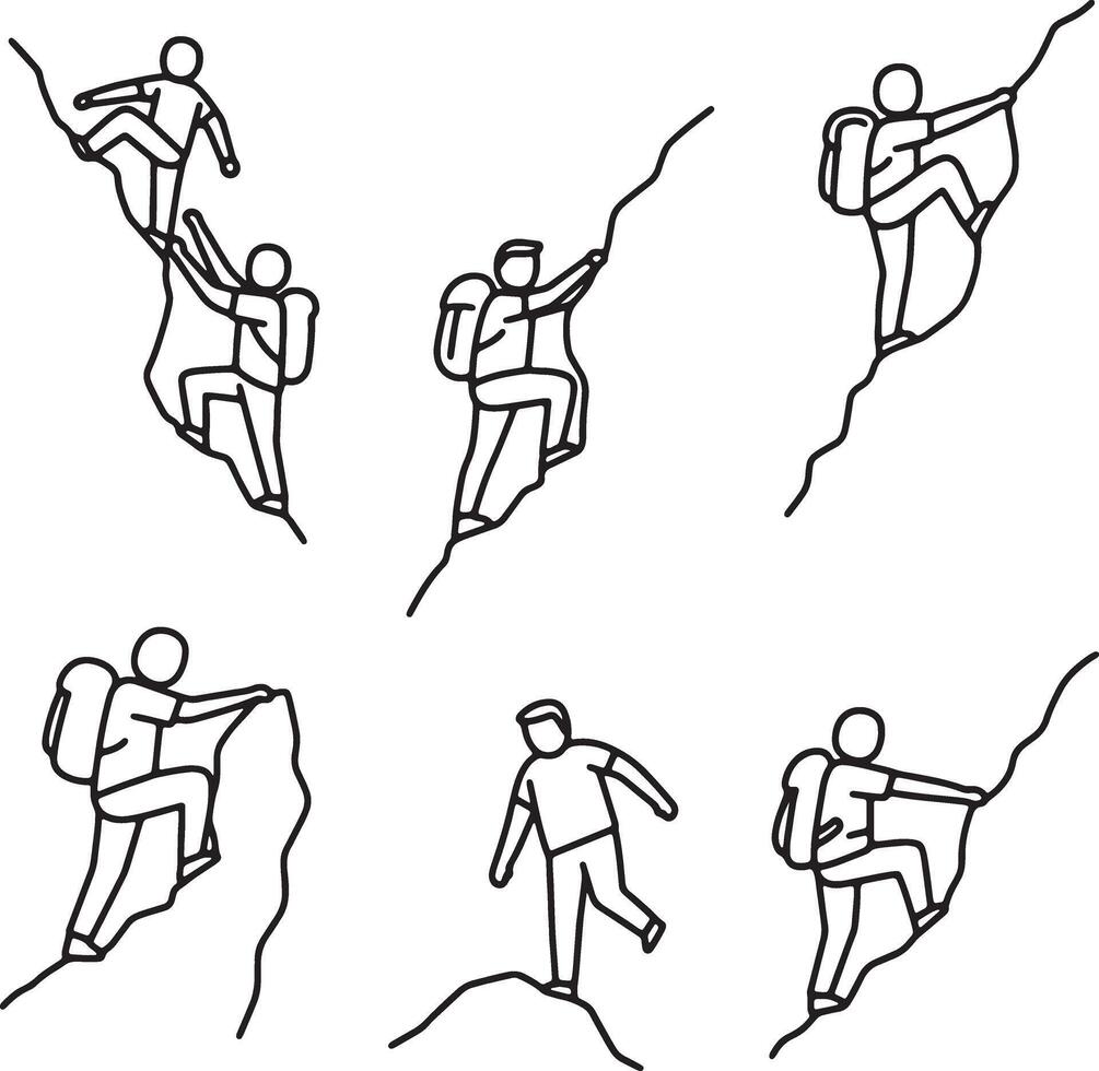 Adventurous Climbers Scaling Rocky Mountain Peaks A Set of Line Art Illustrations Depicting Determination and Exhilaration vector