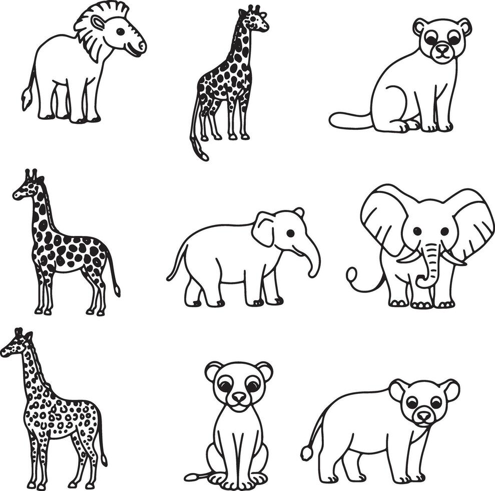 Adorable African Safari Animals Cute Line Art Drawings of Giraffes, Lions, Elephants, and More in a Whimsical Style vector