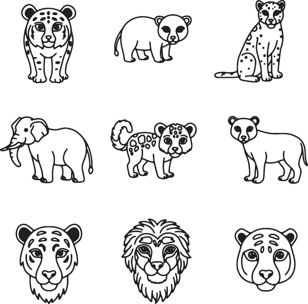 Adorable Line Art Drawings of Wild African Animals Elephant, Lion, Cheetah, and Leopard Cubs in a Serene White Setting vector