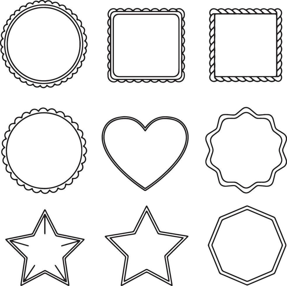 Nine Elegant Outline Frames Circle, Square, Heart, Star, and More for Charming Design Projects - Professional digital artwork with vibrant colors and detailed composition vector
