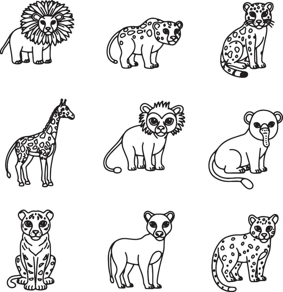 Adorable Cartoon African Safari Animals Lions, Cheetahs, Giraffe, and More in a Whimsical Black and White Illustration vector