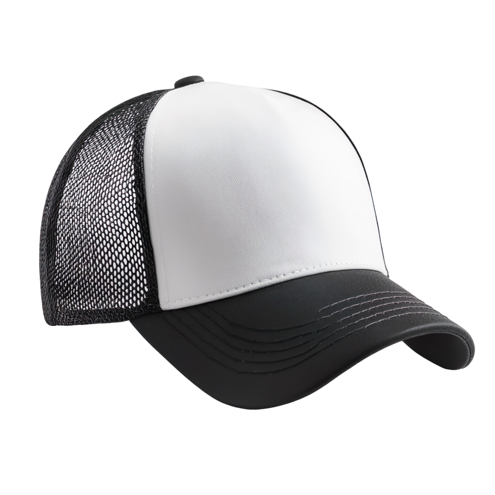 Blank black and white trucker hat mockup isolated on transparent background png