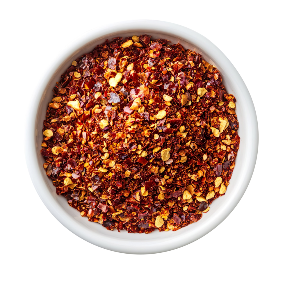 Chili powder top view on white bowl isolated on transparent background png