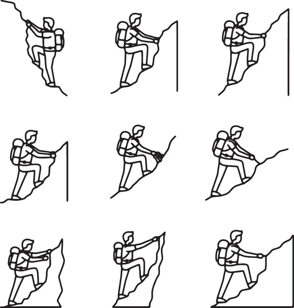 Nine Line Drawings of Hikers Ascending Rocky Mountain Peaks A Dramatic Illustration of Outdoor Adventure and Perseverance vector