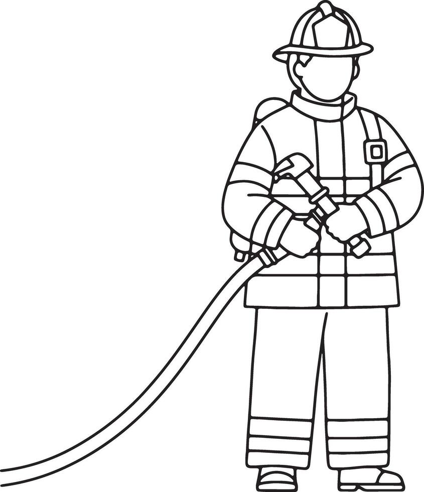 Brave Firefighter Ready for Action Line Art Illustration of a Fireman Holding a Hose, Standing Against a White Background, Illustrating Courage and Preparedness vector