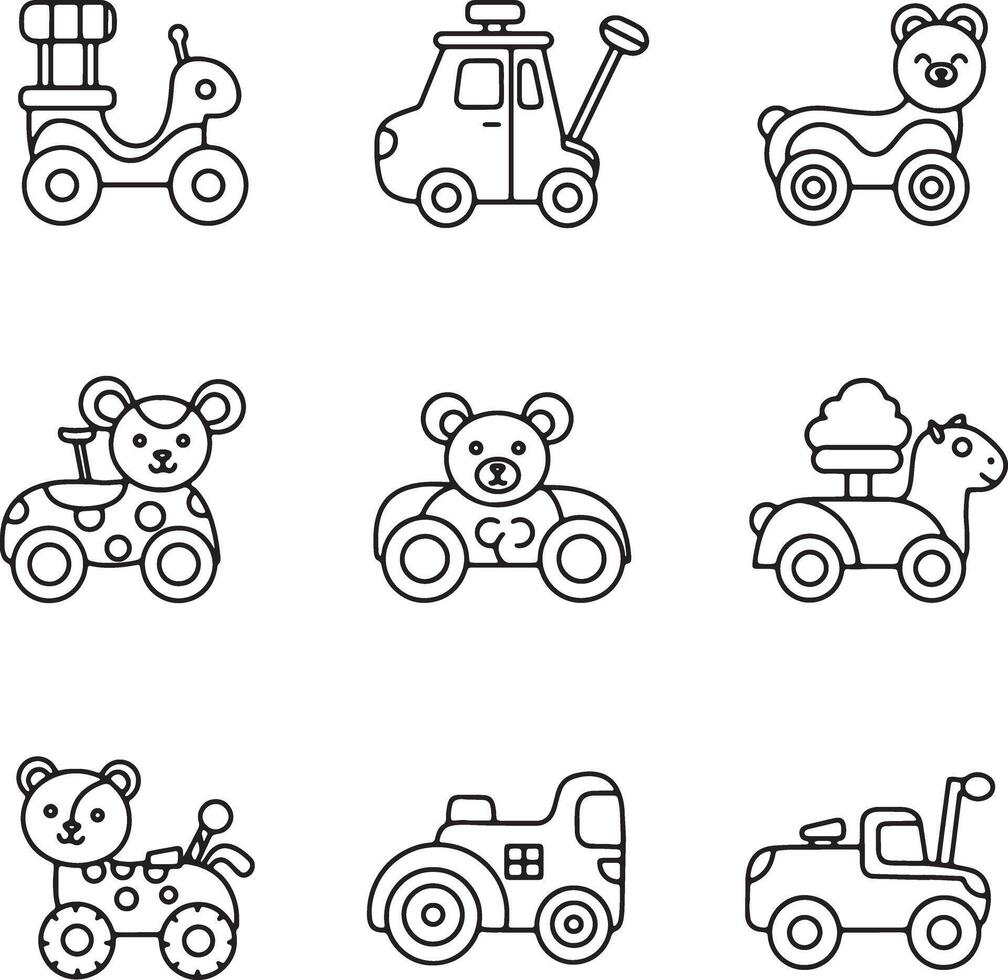Nine Adorable Line Art Drawings of Childs Wooden Toys, Including Animals and Vehicles, Perfect for Nursery Decor vector