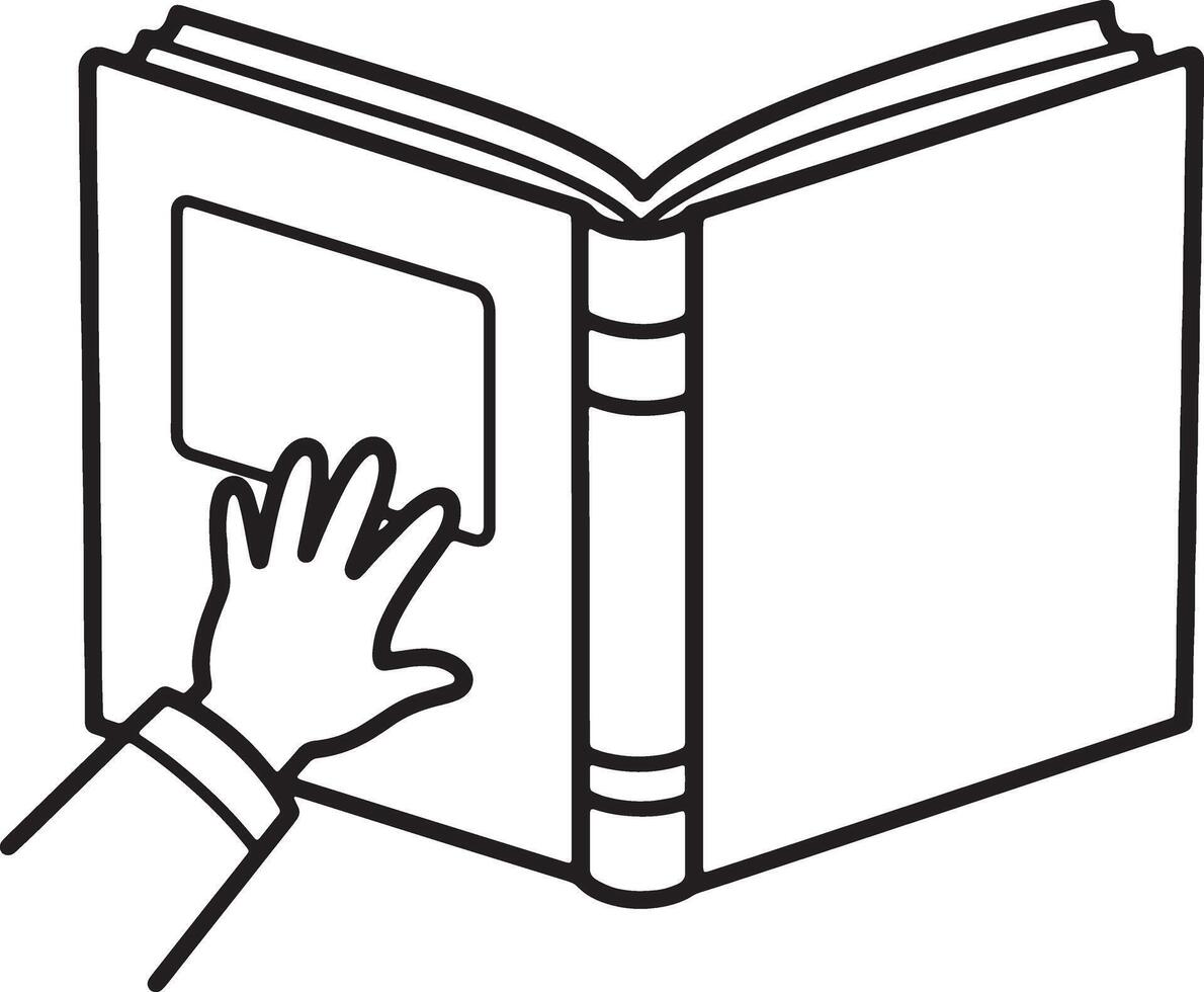 A Childs Hand Gently Reaching for an Open Book, a Serene Moment of Reading and Learning vector