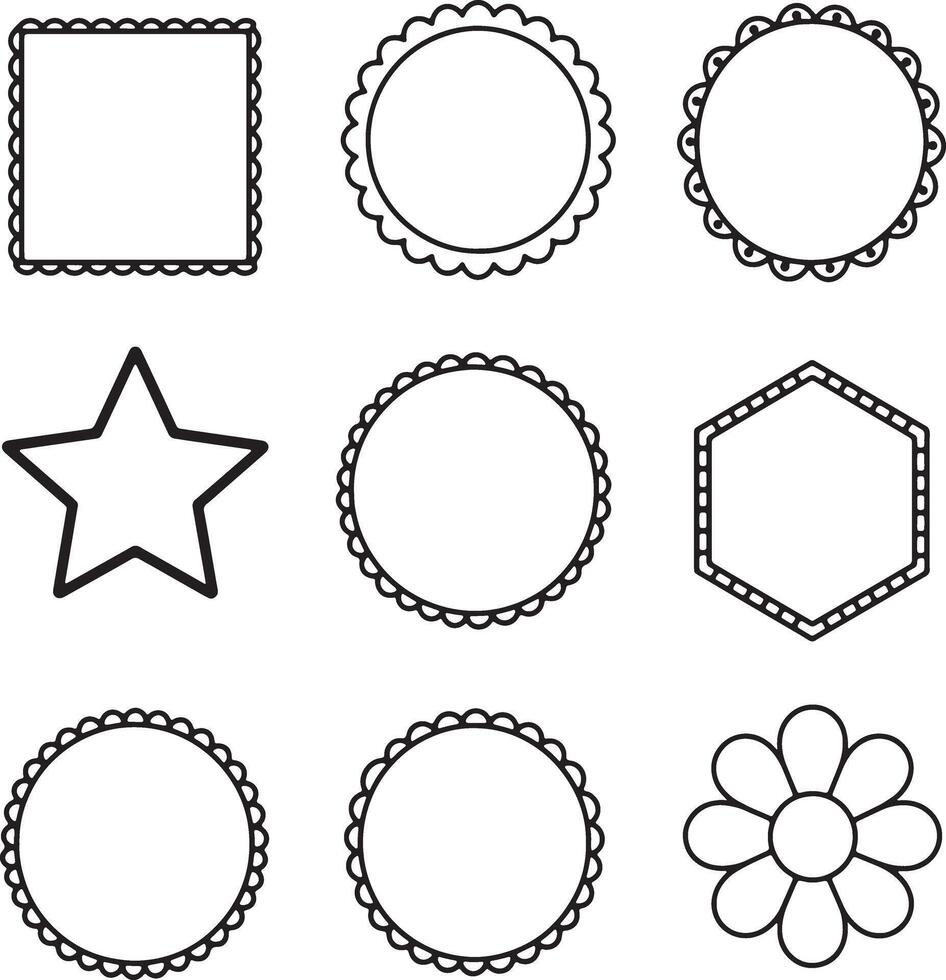 Nine Delightful Decorative Frames Scalloped Circles, Star, Hexagon, and Square for Scrapbooking and Design Projects vector