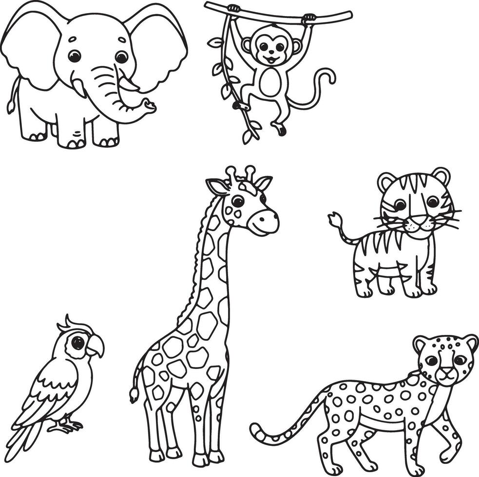 Adorable Black and White African Safari Animals Coloring Page Elephant, Monkey, Giraffe, Tiger, Parrot, Cheetah vector