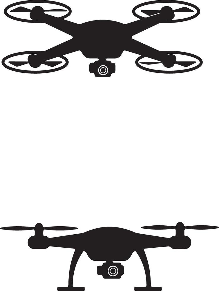 Two Black Silhouettes of Drones Flying High in a Dramatic, Airy Setting, Symbolic of Technological Advancement and Modern Aerial Photography vector