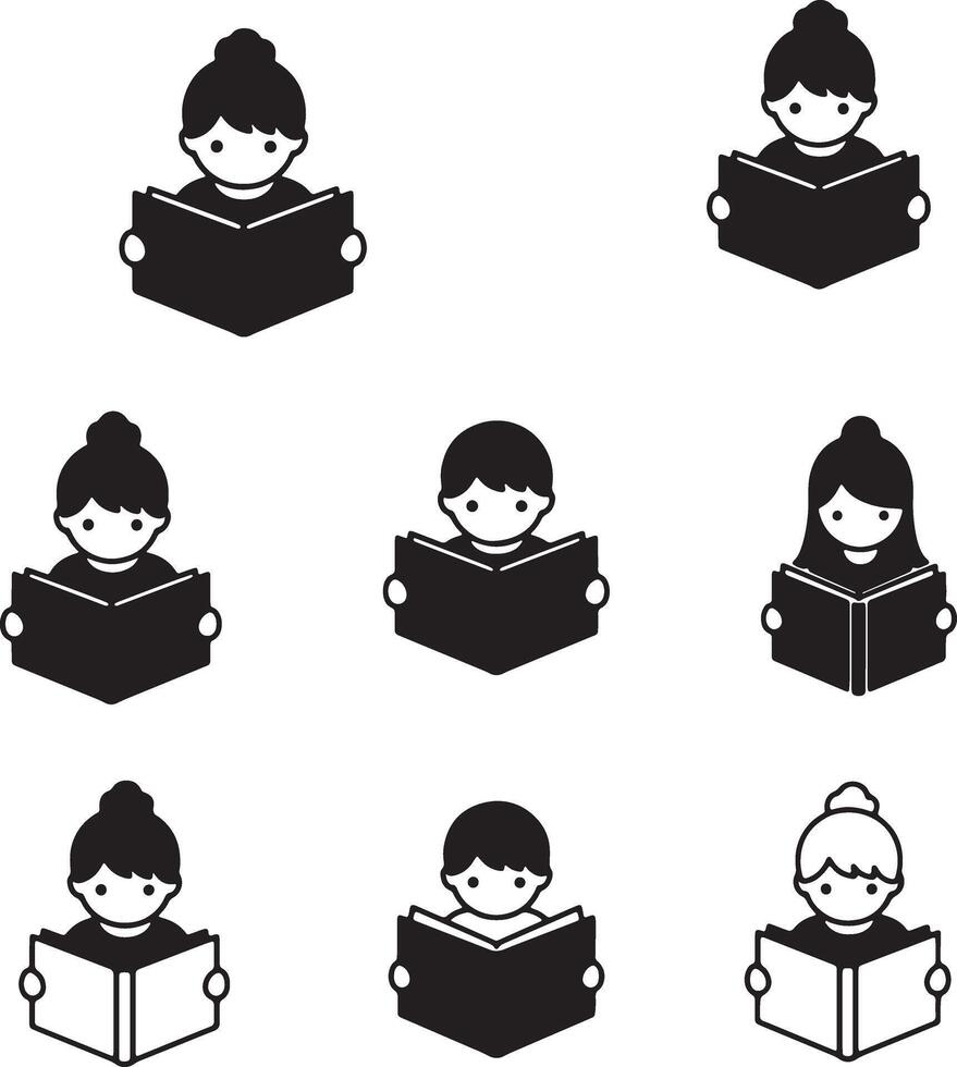 Diverse Children Joyfully Reading Books Serene Black and White Illustrations of Kids Immersed in Literature vector