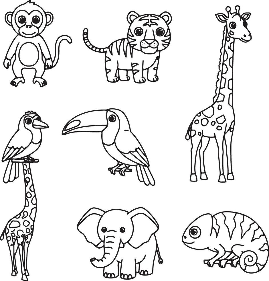 Adorable Outline Drawings of Jungle Animals Monkey, Tiger, Giraffe, Toucan, Bird, Elephant, and Chameleon in a Whimsical Coloring Page Style vector