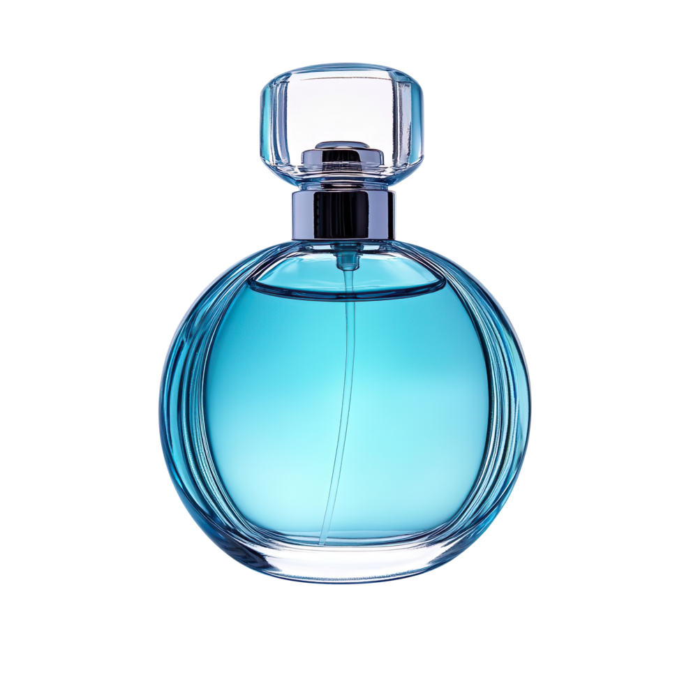Elegant transparent bottle of blue perfume isolated on transparent background png