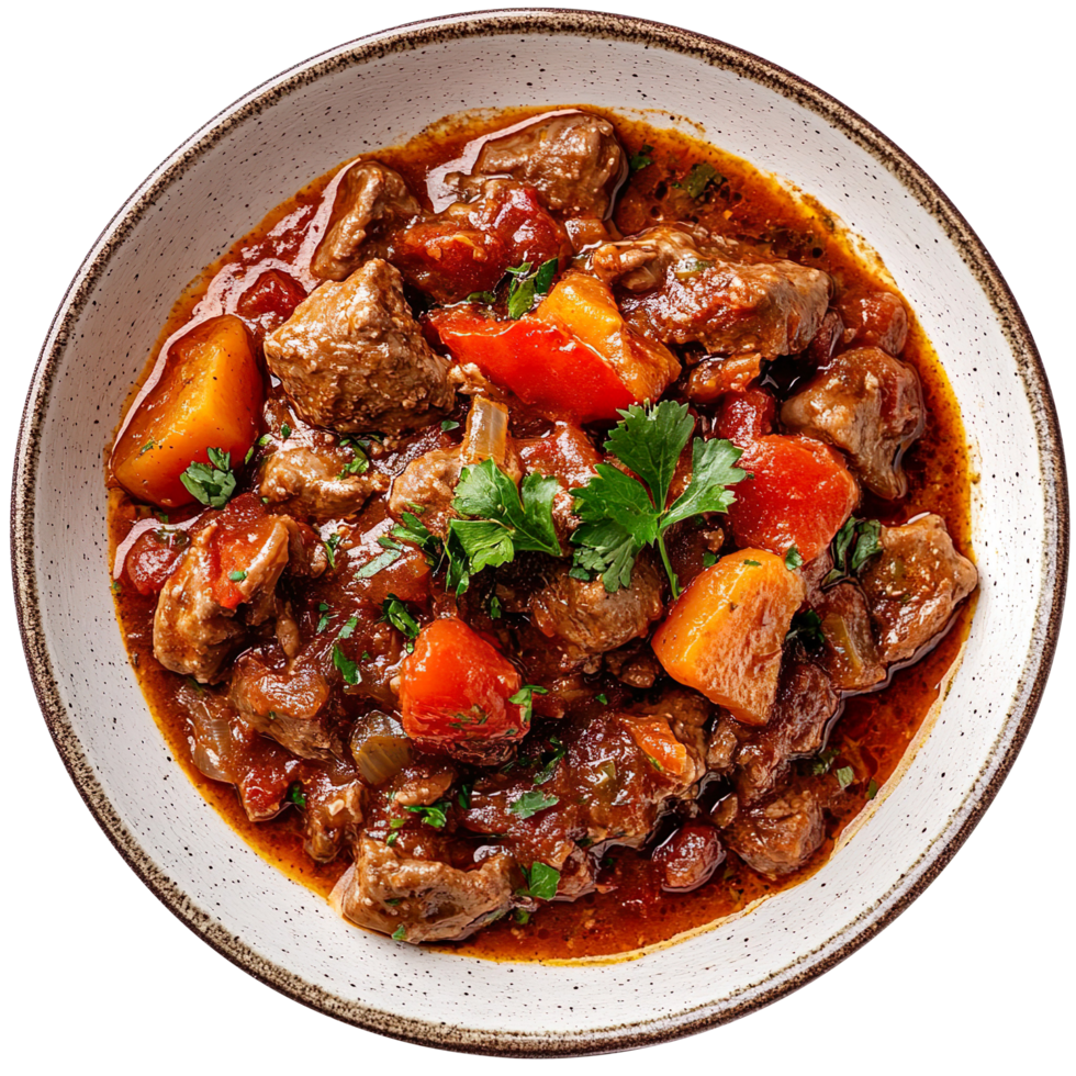 Goulash on a plate top view isolated on transparent background png
