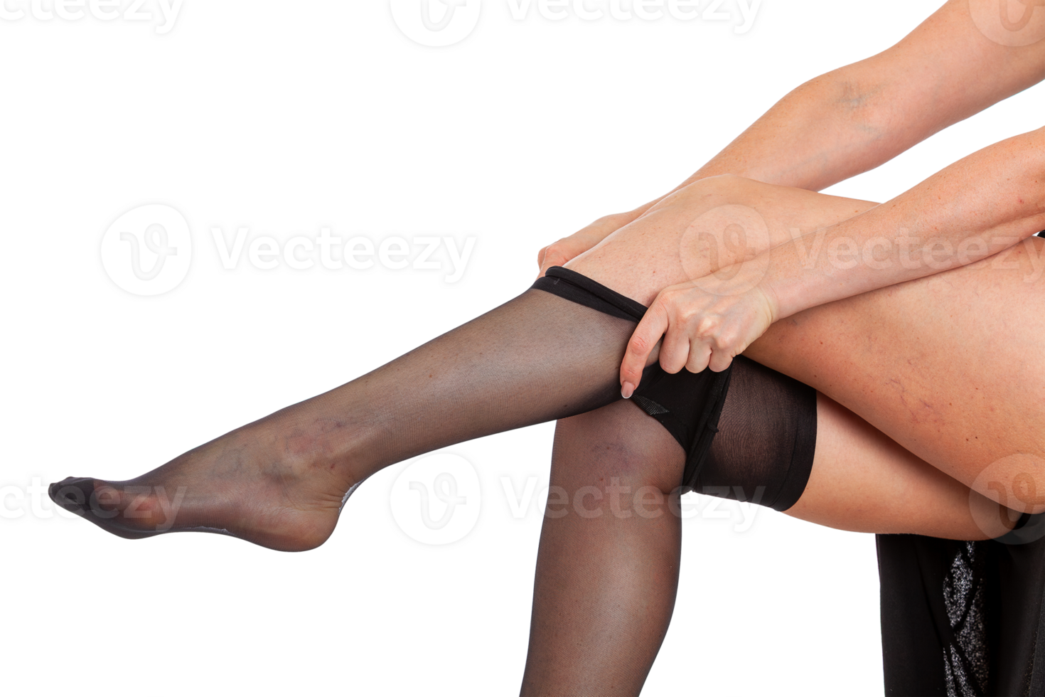 Close up of a woman wearing black stockings, lady putting black tights on her legs isolated png