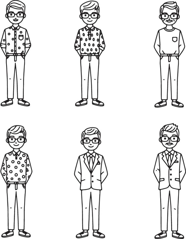 Six Stylish Men in Various Attires Posing Casually Against a White Background, a Clean and Modern Illustration vector