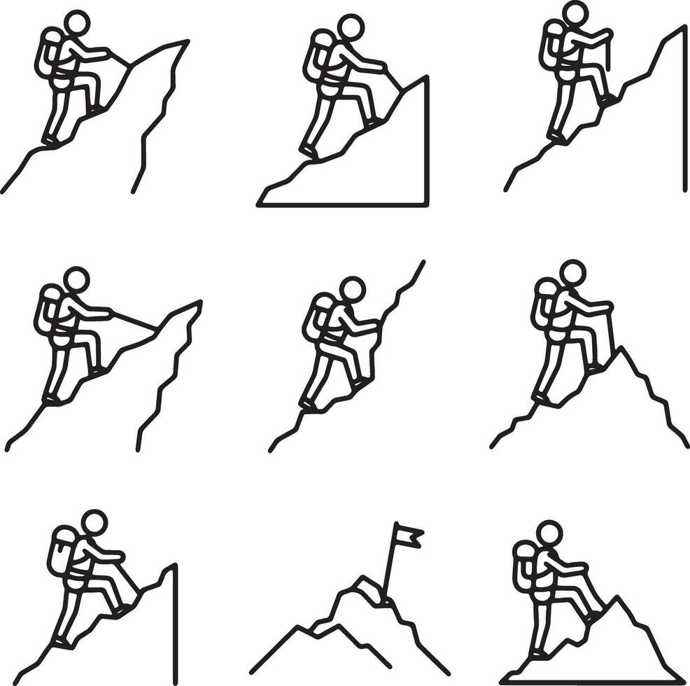 Nine Line Drawings of Hikers Ascending Mountainous Terrain, Illustrating Determination and the Journey to the Summit vector