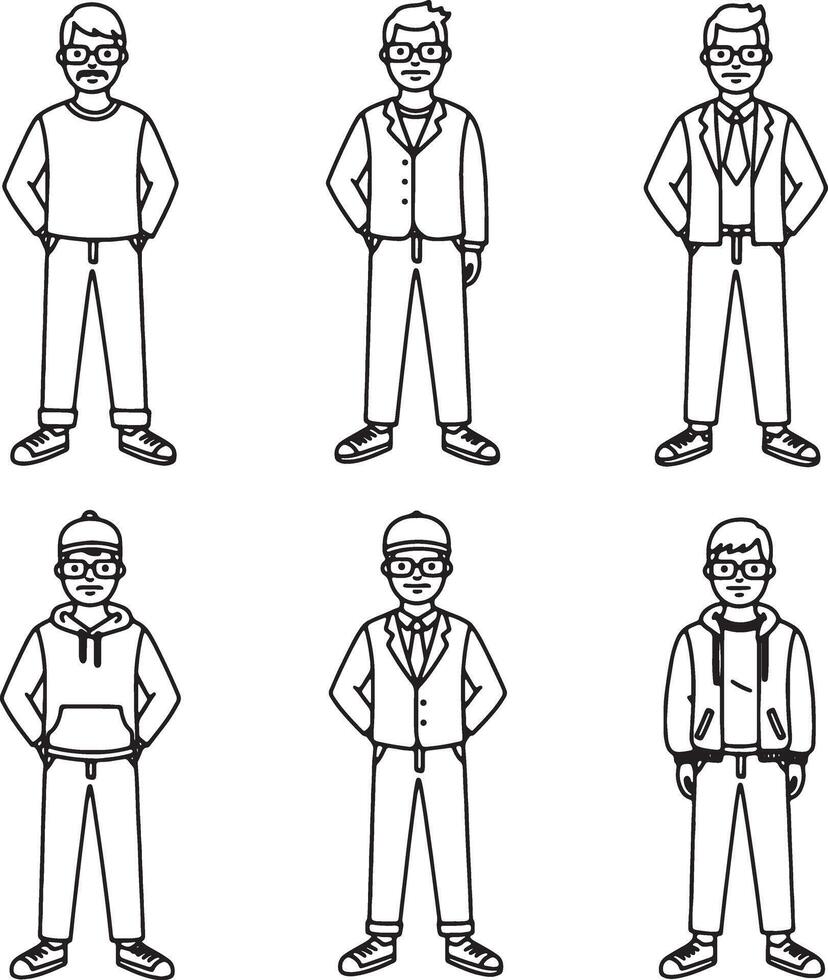 Six Stylish Men in Casual and Formal Attire Posing Against a White Background, Illustrated in a Simple Line Drawing Style vector