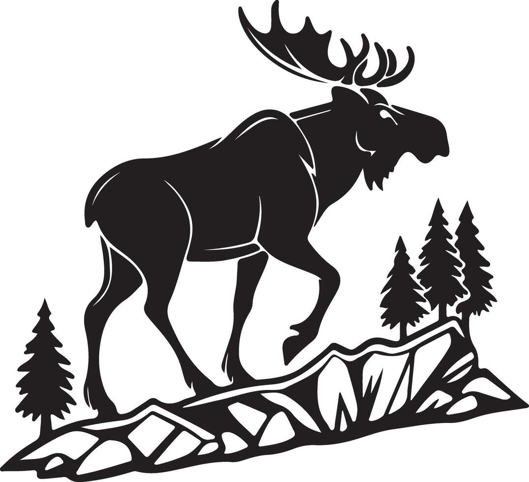 Majestic Moose Silhouette Walking on Mountainous Terrain in a Dramatic Black and White Illustration - Professional digital artwork with vibrant colors and detailed composition vector