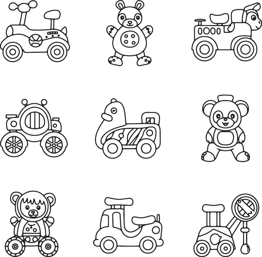 Adorable Black and White Line Drawings of Childrens Toys Delightful Ride-Ons, Cute Plush Animals, and Playful Vehicles vector