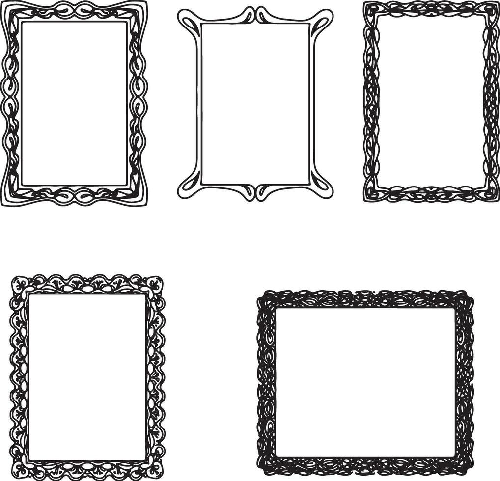Five Elegant Ornate Black and White Picture Frames Isolated on White Background, Perfect for Design Projects, Adding a Classic and Refined Touch vector