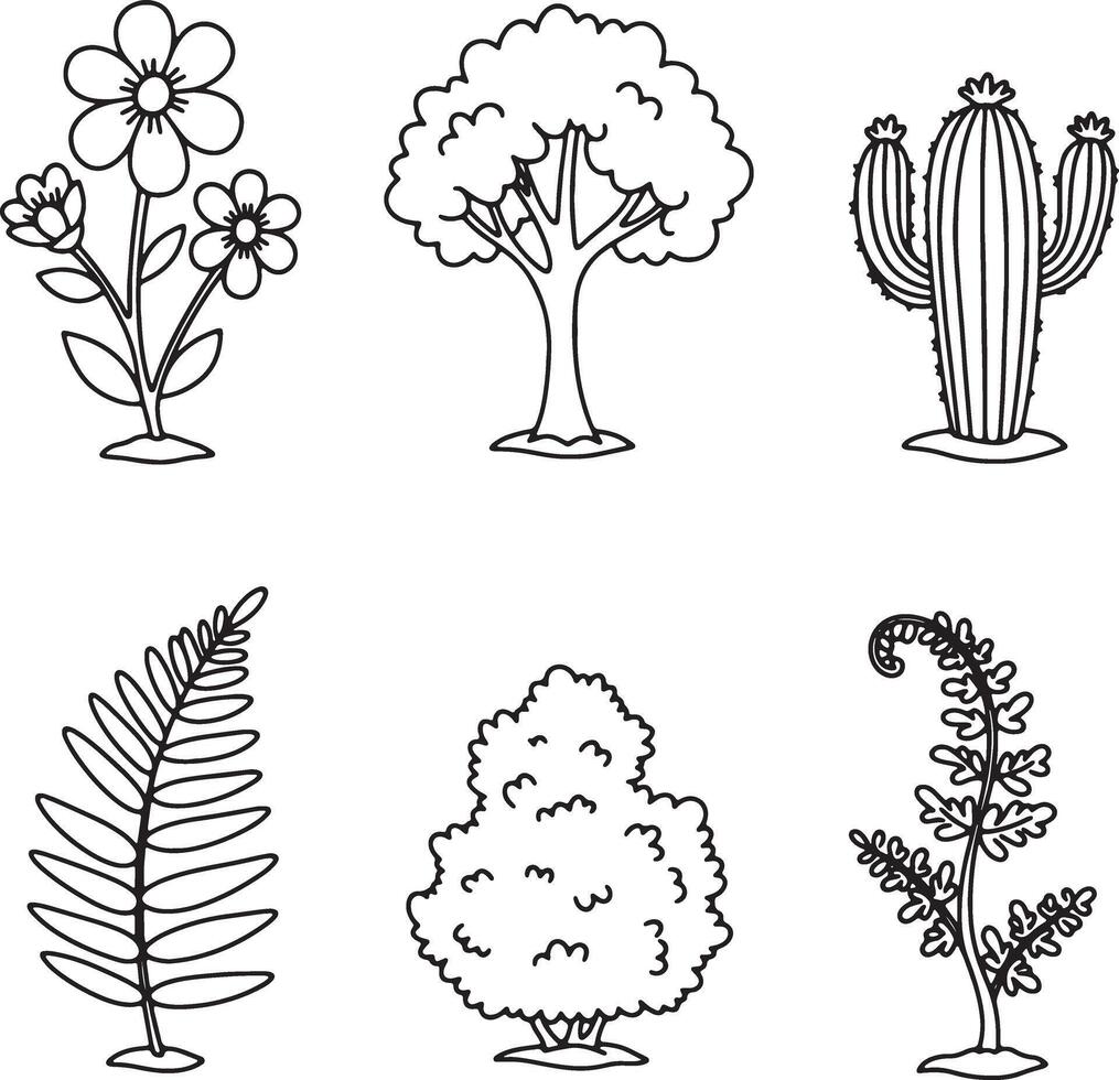 Decorative Botanical Line Art Featuring Various Wildflowers, Trees, Ferns, and Cactus in Clean Sketch vector