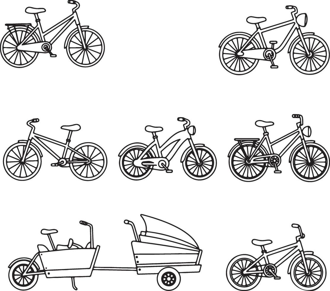 Six Simple Line Drawings of Bikes Childs Bikes, Adult Bikes, Cargo Bike, and a Bike Trailer, in a Clean, White Background vector