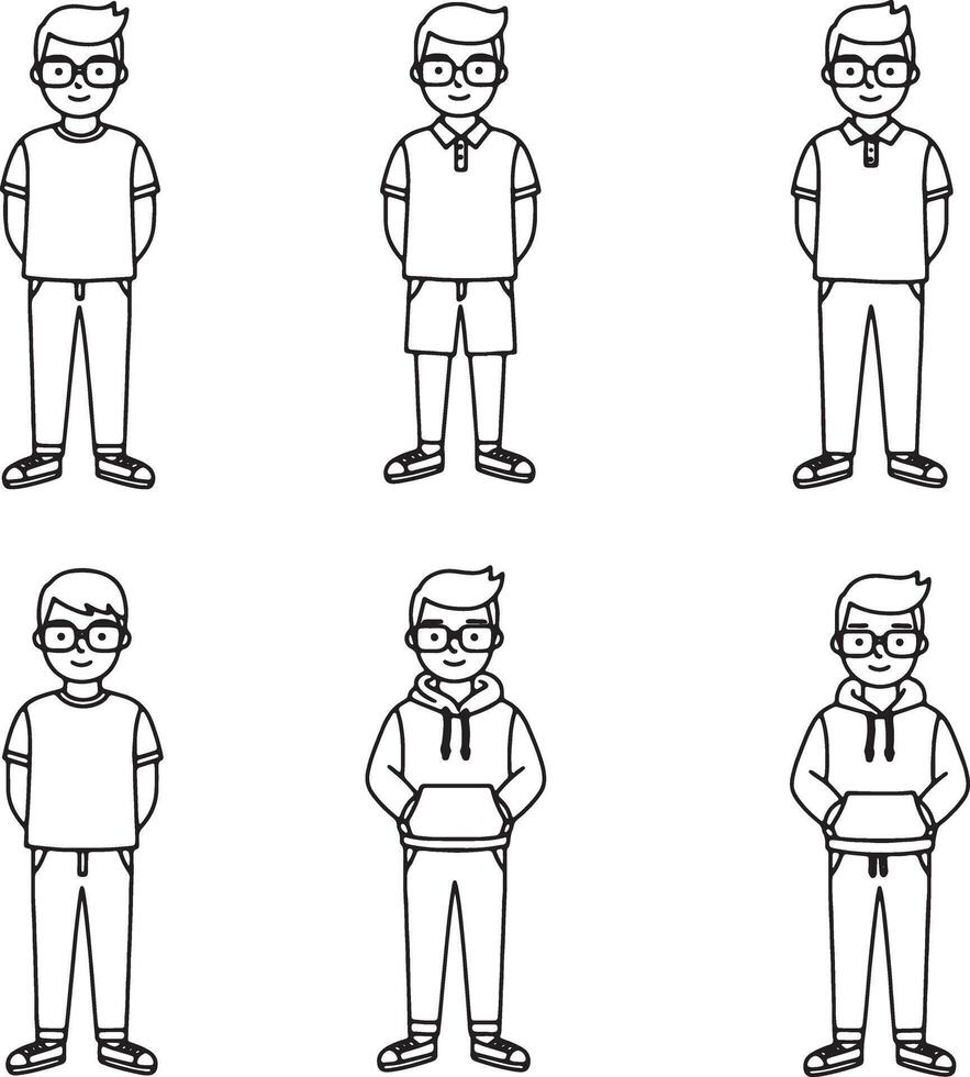 Six Stylish Boys in Casual Outfits A Collection of Line Art Illustrations for Fashion Design, Websites, and Branding vector