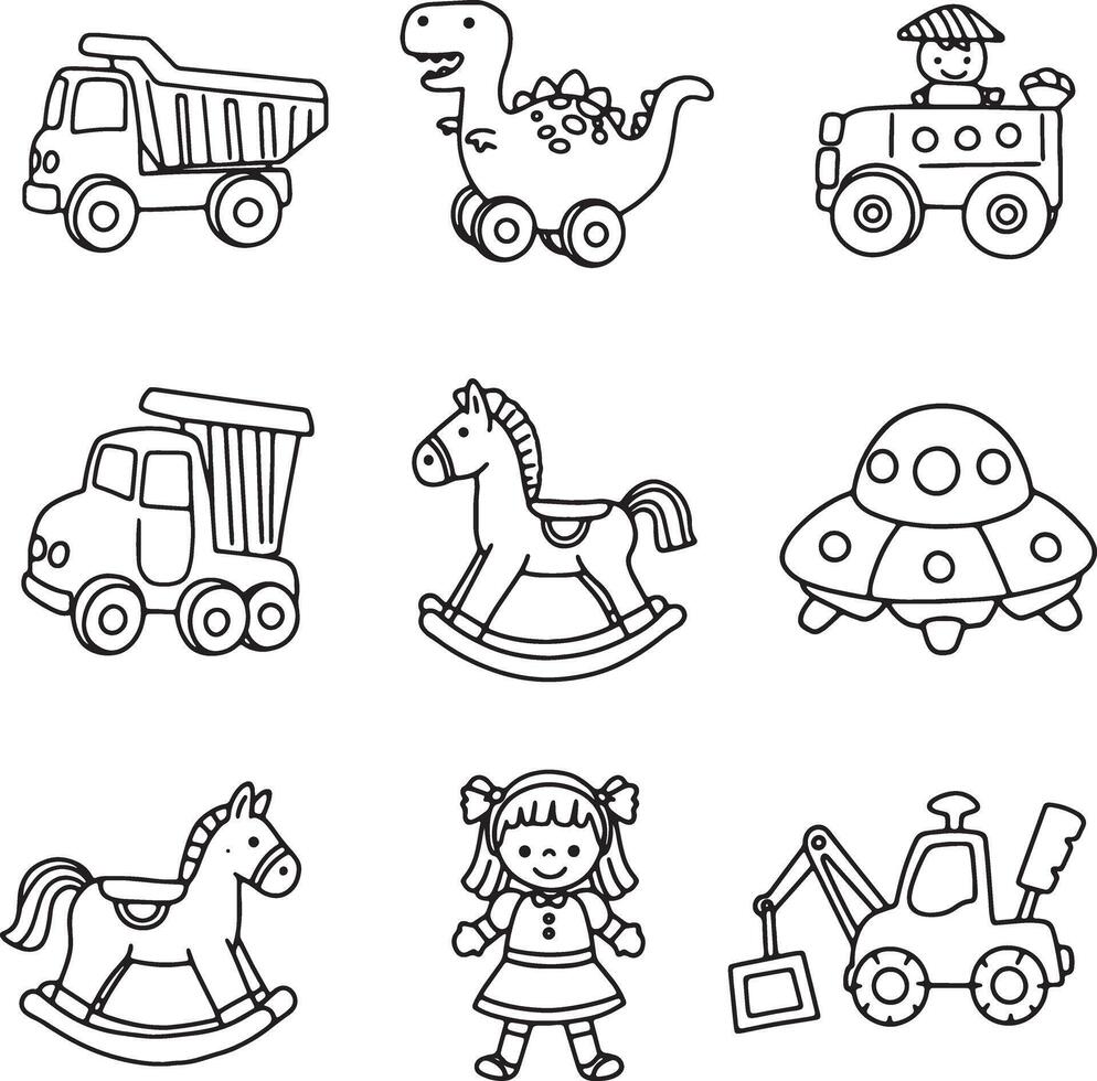 Adorable Collection of Classic Black and White Childrens Toys Including Trucks, Rocking Horses, and a Dinosaur vector