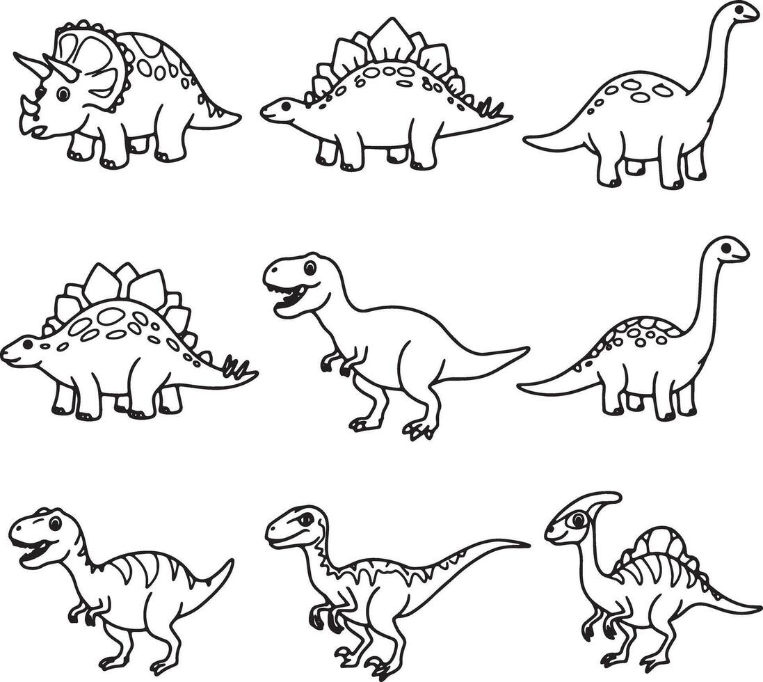 Adorable Black and White Cartoon Dinosaurs Eight Prehistoric Creatures in a Playful, Childlike Setting - Professional digital artwork with vibrant colors and detailed composition vector