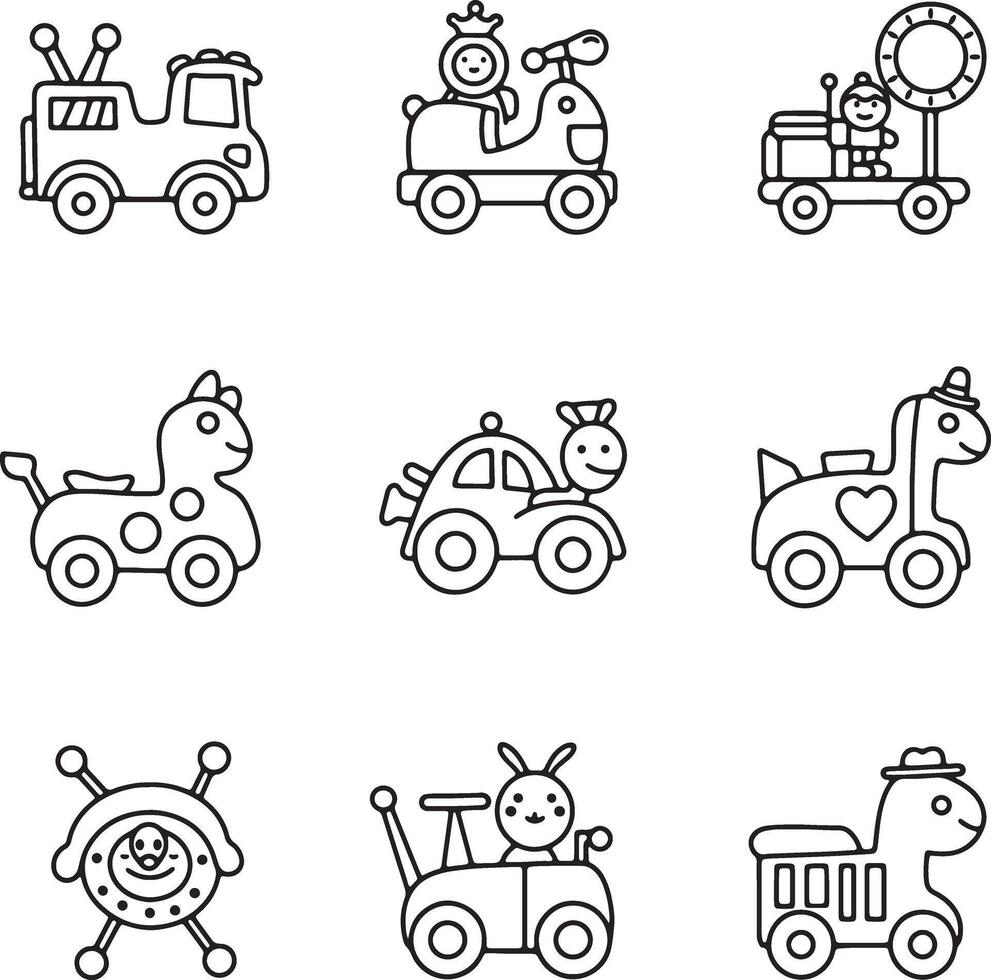 Adorable Collection of Nine Whimsical Childrens Wooden Toy Car Illustrations, Perfect for Nursery Decor and Educational Resources vector