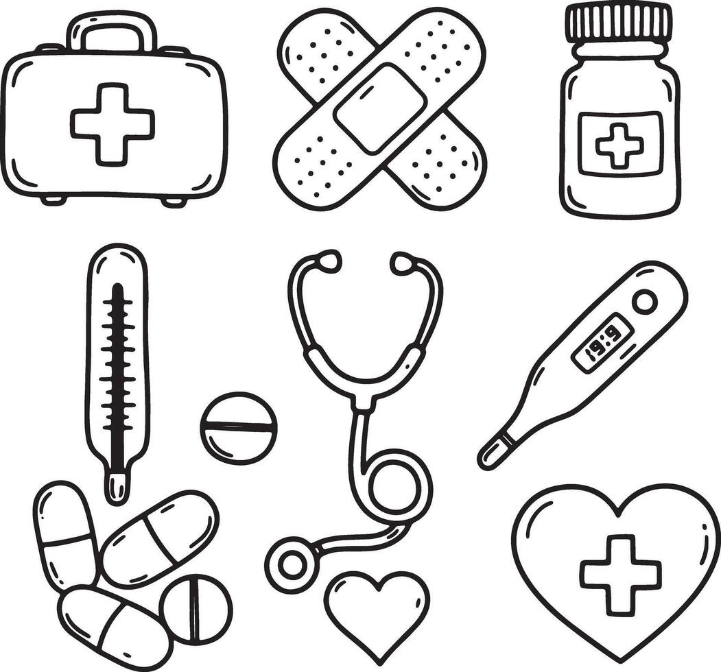 Cheerful Hand-Drawn Medical Illustrations First Aid Kit, Bandages, Pills, Stethoscope, and Thermometer in a Lighthearted Style vector