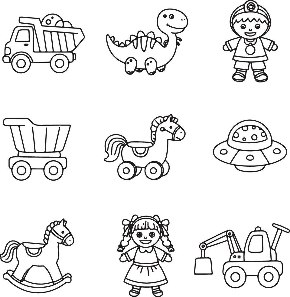 Adorable Collection of Black and White Outline Drawings of Childrens Toys Dump Truck, Dinosaur, Rocking Horse, and More vector