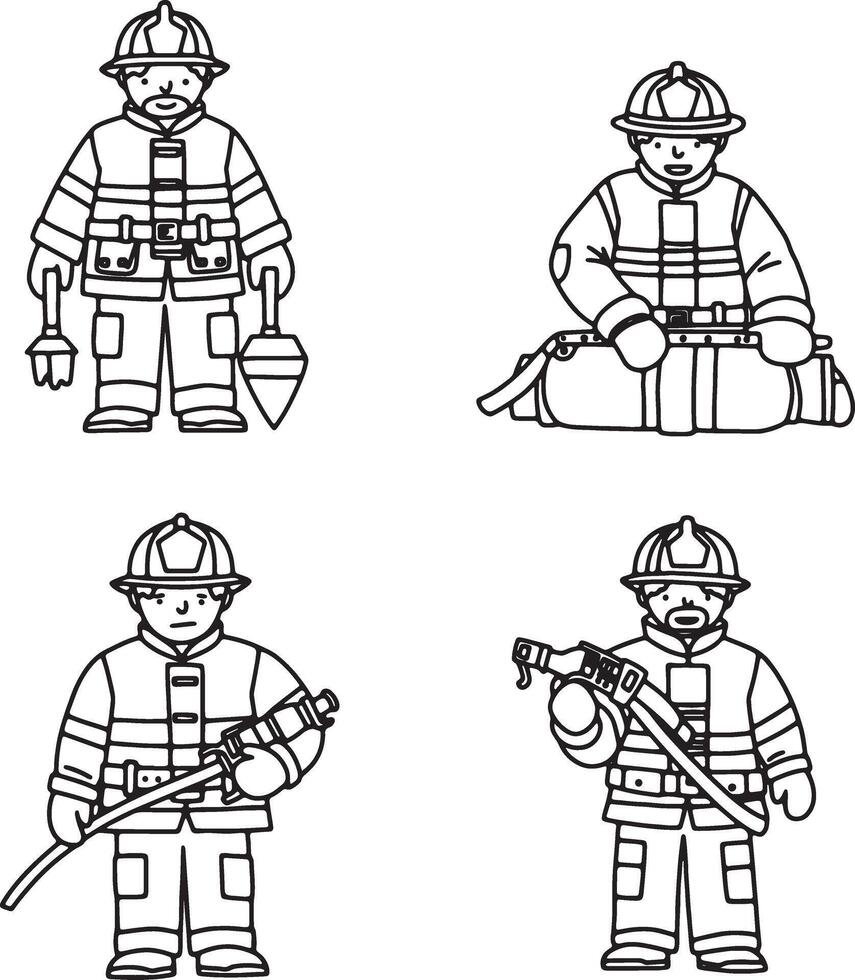 Four Line Art Firefighters Posing in Various Actions and Settings, a Whimsical and Playful Illustration vector