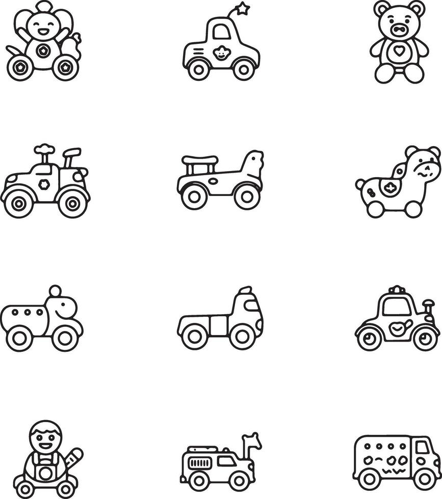 Adorable Collection of Playful Wooden Toys Charming Line Art Illustrations of Classic Childrens Ride-Ons and Plush Toys vector