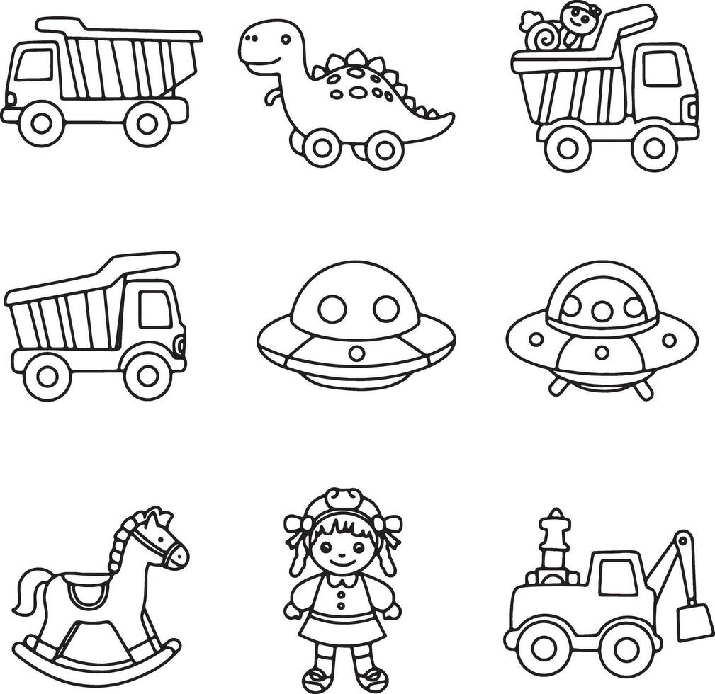 Adorable Black and White Line Drawings of Classic Childrens Toys Including Trucks, Dinosaurs, UFOs, and Rocking Horse, Evoking a Nostalgic and Playful Mood vector