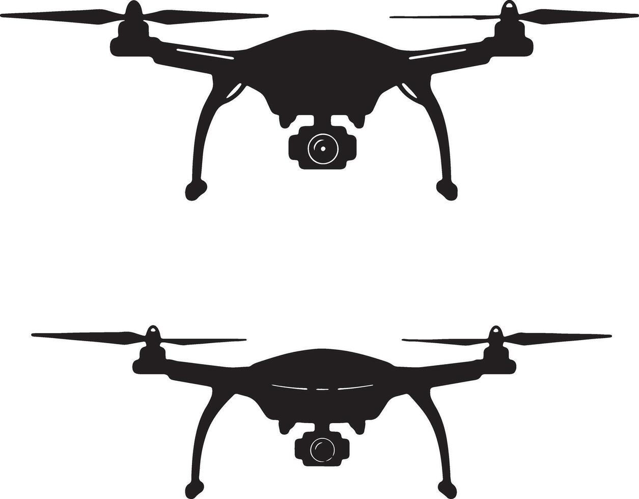 Two Sleek Black Drones Hovering, Isolated on White Background Dramatic Silhouette of Unmanned Aerial Vehicles vector