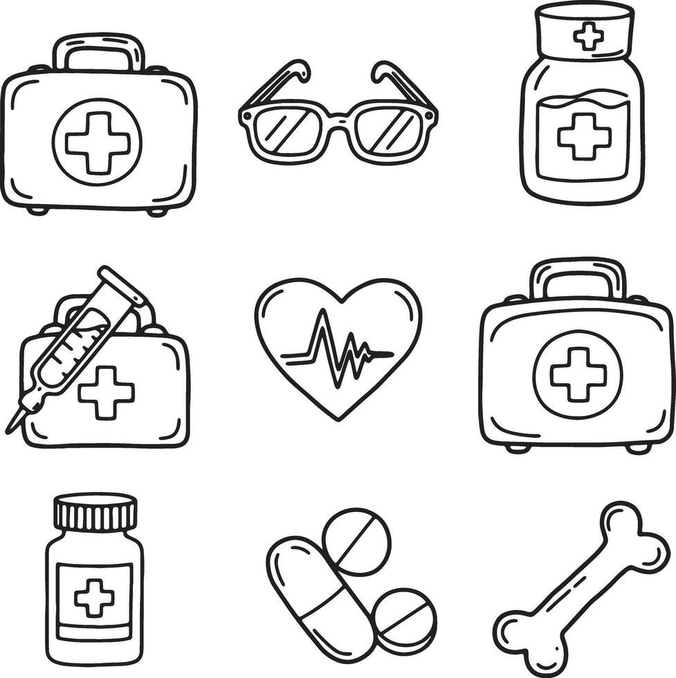 Charming Hand-Drawn Medical Icons First Aid Kits, Pills, Heartbeat, and More in a Whimsical Style vector