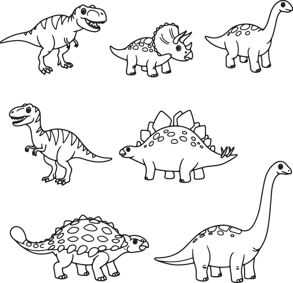 Black and White Cartoon Dinosaurs Six Prehistoric Creatures in a Playful, Whimsical Setting - Professional digital artwork with vibrant colors and detailed composition vector